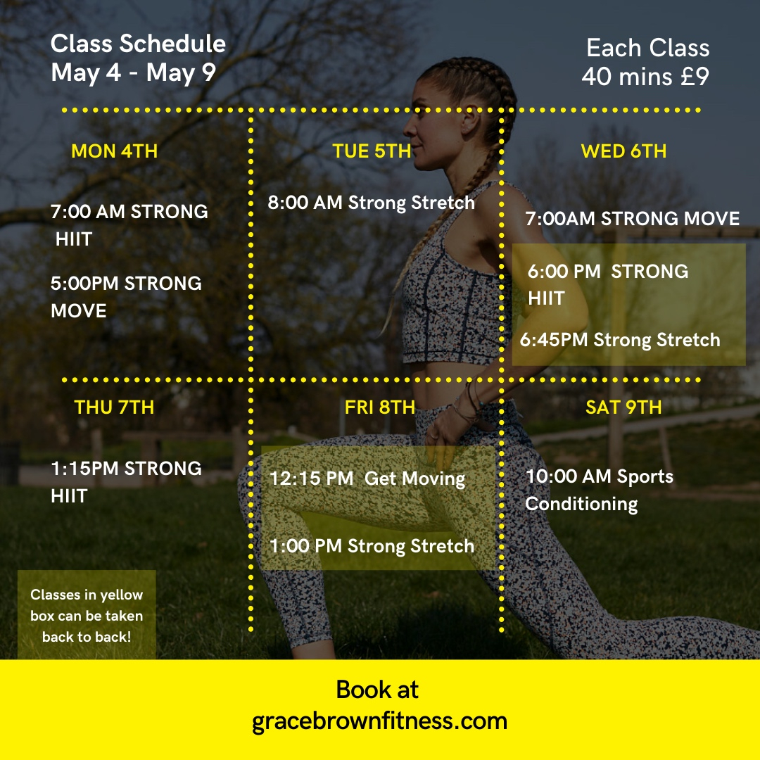 Happy Sunday! This coming weeks #class schedule. Check the link in my bio to book online. Let me know if you have any questions. #grouptraining #onlinetraining