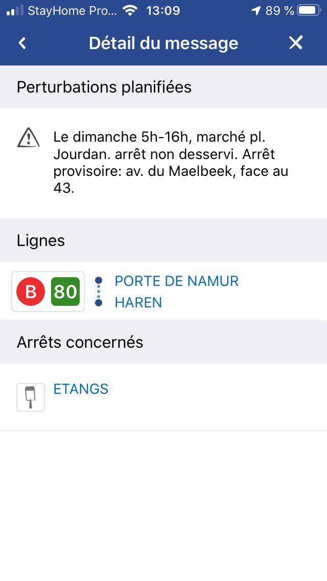 Justine_Sow's tweet photo. @STIBMIVB @tramstib 1/2 Bonjour, merci pour votre réponse, mais tout indique le contraire de ce que vous avancez: 1) le bus 80 Haeren que j’ai pris ce dimanche a emprunté la déviation malgré l’absence de marché 2) votre appli affirme que la déviation est d’actualité https://t.co/Ph0c2CA56Z