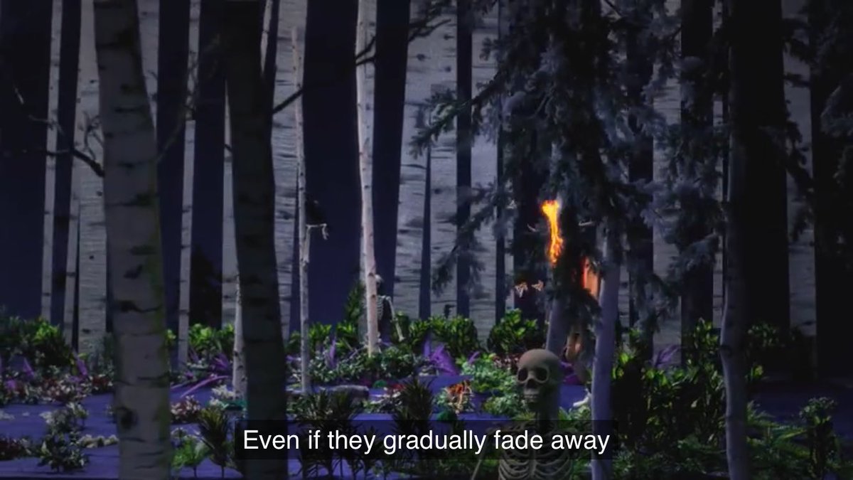 In the forest, Yeonjun is seen to be surrounded by butterflies, snakes, spiders and a figure is watching him in the trees. That figure is seen when the star shuts down and in the Marchen for G-Friend: +