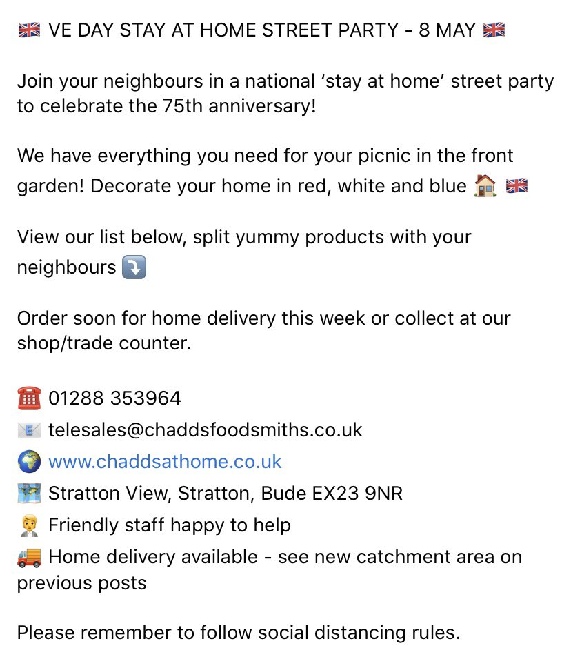 🇬🇧 VE DAY STAY AT HOME STREET PARTY - 8 MAY 🇬🇧

We have everything you need for your picnic in the front garden! See list below ⤵️ 

facebook.com/20452679635700…

#VEday2020 #chaddsathome #VEday #VEday75thanniversary #jointheneighbours #stayathomestreetparty #cornwall #bude
