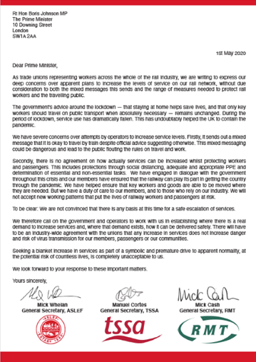 TSSAunion's tweet photo. Along with sister rail unions @ASLEFunion and @RMTunion we have written to PM Boris Johnson, Scottish FM Nicola Sturgeon, Welsh FM Mark Drakeford, and Sadiq Khan, the Mayor of London, saying this is not the time to lift the lockdown and run more trains. https://t.co/HnrVLBE63g