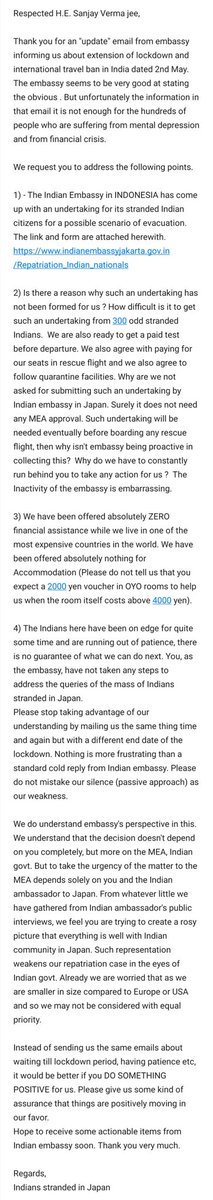 quirkyquarky's tweet photo. An open letter to Indian embassy in Japan from stranded Indians in Japan. SOS. Please help us get home. @IndianEmbTokyo @PMOIndia @MEAIndia @DrSJaishankar @timesofindia @the_hindu @ndtv @Zee24Ghanta @Asiancommunity1 @TheQuint @PTI_News @DGCAIndia https://t.co/u0q7hBz8l4