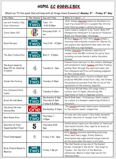 BeeslackHE's tweet photo. Lots of HE related shows on TV again this week. Inside the Factory & Food Unwrapped are two which should be of interest for pupils taking HFT next year. I have also included Junior Bakeoff on @cbbc may inspire some BGE bakers! #StayAtHome #HEogglebox πΊπ©βπ³πποΈ https://t.co/9pQVQLk2oh