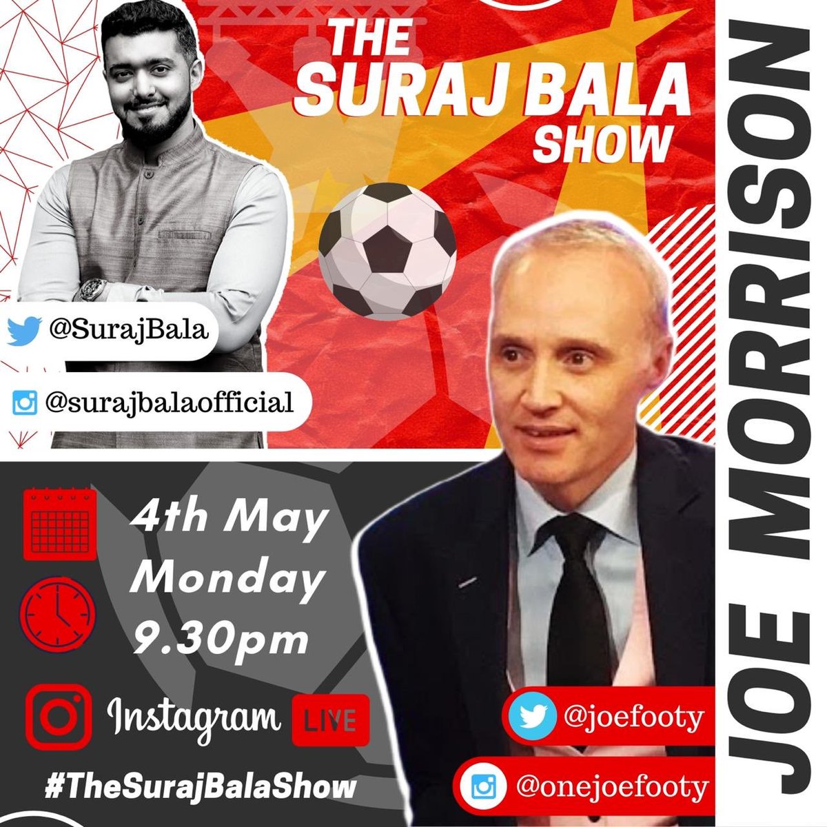 SurajBala's tweet photo. What’s one of the top global football presenters really like behind his easy going, funny on-air persona? 

Find out tomorrow as @joefooty joins me on his Instagram live debut at 9.30pm IST on the #TheSurajBalaShow. 

Send in your questions for Joe ⬇️ https://t.co/m0XtQ1RZf4