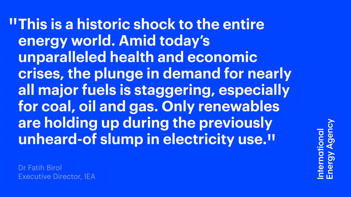 IEA's tweet photo. 🗣️ "This is a historic shock to the entire energy world. Amid today’s unparalleled health &amp; economic crises, the plunge in demand for nearly all major fuels is staggering."

@IEABirol launching Global Energy Review 2020 last week → https://t.co/LjZGgu793Z https://t.co/5cHbk3tCY8