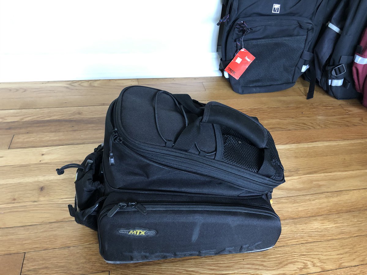 Here is my principal commuting bag, a Topeak MTX Trunkbag DXP. This is my third one, with the first lasting six years and the second only two.