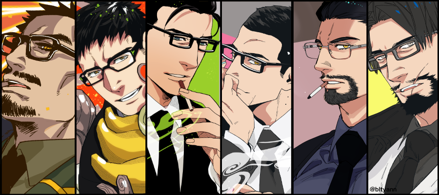 やん 私のお家芸キャラデザ 黒髪短髪眼鏡 お家芸 褐色 黄色目多い 謎のお仕事おじさん