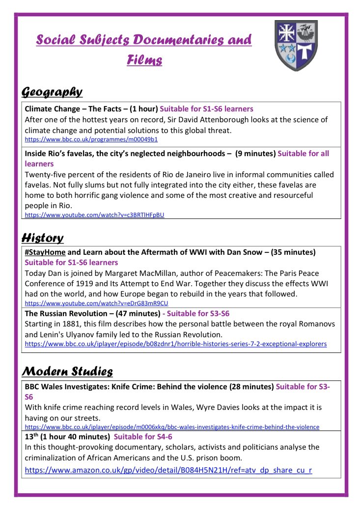 Taking inspiration from some of the designs on here I have started making a documentary list for our faculty. I put one of these out a week for them to have a look at. #edutwitter #homelearning #socialsubjects