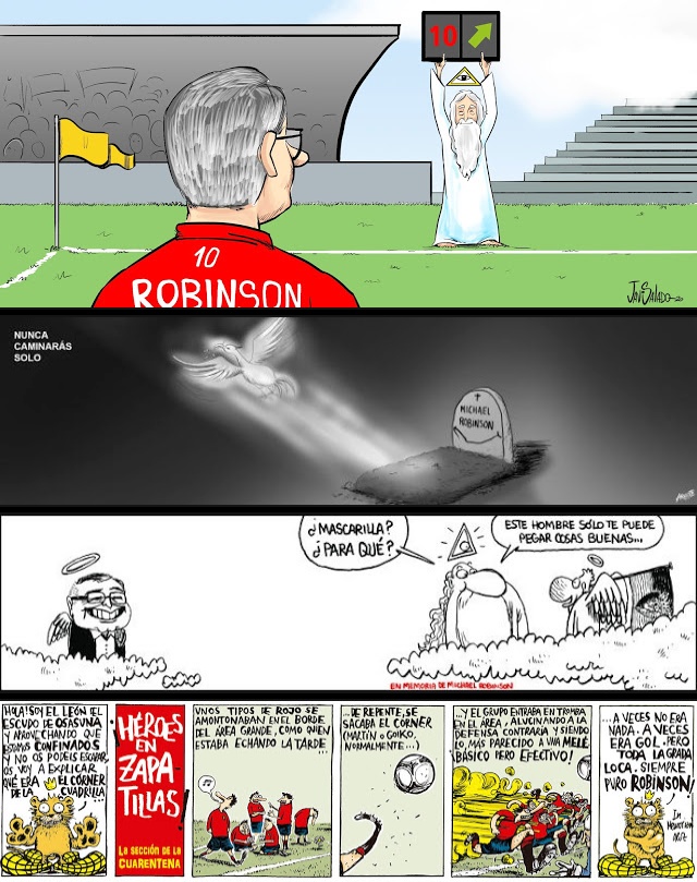 SieteSofi's tweet photo. Los homenajes gráficos a #Robinson en la #Prensa de esta semana: @a_sciammarella, @taverinez, @yesnocse, @santygutierrez, @Pachi_Idigoras, @javikatura, Argote 
@deia_eus, JJ Aós @NoticiasNavarra y @latiradeoroz

➕➡️https://t.co/W7yYaZBS9d

#DepRobinson #humor #cartoon https://t.co/woEDMeKyoV