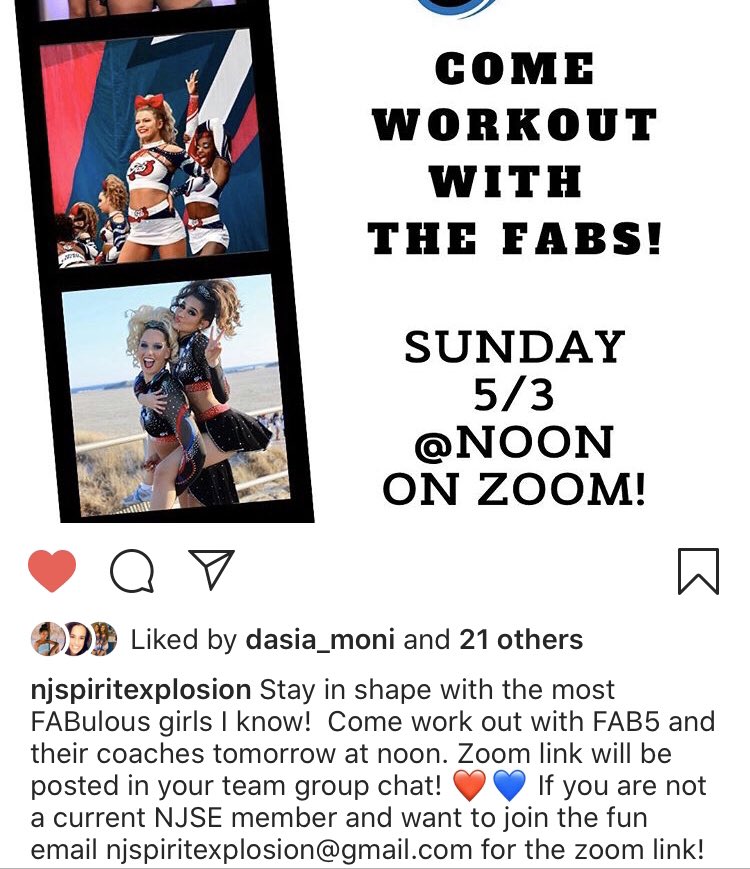 Work out with <a href="/njsefab5/">NJSE FAB5</a> today. Thanks for the invite! Seriously, missing all these faces #cheerfamily #njsestrong #quarentineandcheer ❤️💙