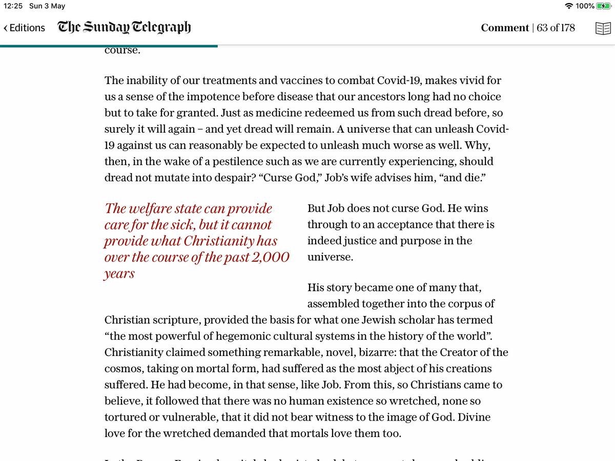 Dlaslett's tweet photo. Interesting comments by Tom Holland in the Sunday Telegraph today.

His lead title is : Church leaders should not be talking like middle managers in this time of crisis.

If you read this article pay particular attention to the last two paragraphs. https://t.co/sfrt1T3LDj