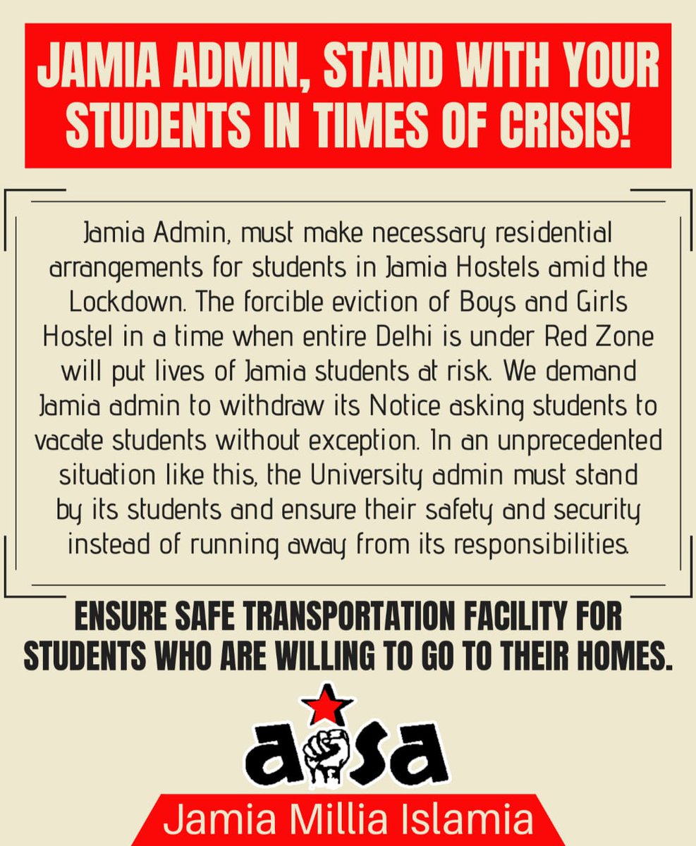 aisa_jamia's tweet photo. @jmiu_official, must make necessary residential arrangements for students in Jamia Hostels amid the Lockdown.

Ensure safe transportation facility for the students who are willing to go to their homes.

 #StandWithJamia #StopTargettingJMI #JamiaMilliaIslamia  #AISAJamia https://t.co/YsUKQzdoK4