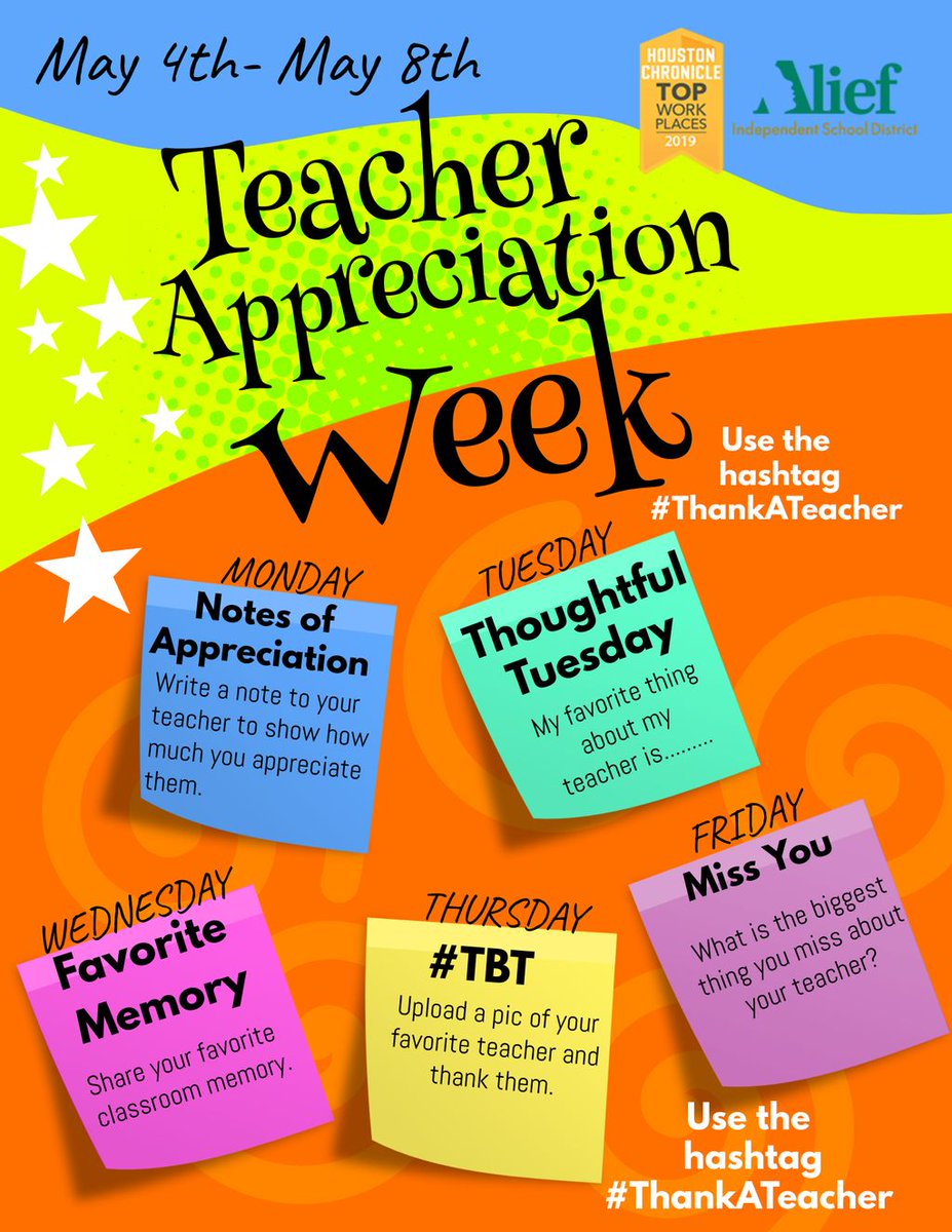 AliefISD's tweet image. Teacher appreciation week starts this week and we have some ways you can celebrate! Help us show our teachers how much we love and appreciate them!  Check out the flyer for more details and be sure to tag us each day so we can spread the love.