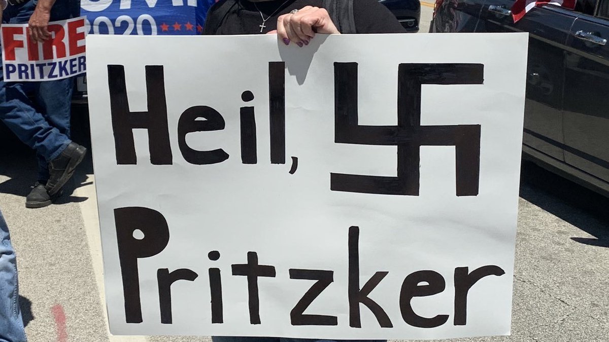 What a nauseating sign aimed at Illinois <a href="/GovPritzker/">Governor JB Pritzker</a>!

Images of swastikas &amp; words like “Heil” evoke history’s darkest era: Nazi Germany, 1933-45. Tens of millions were killed in those 12 yrs.

This sign has NO place in U.S. public debate today, no matter the alleged grievance.