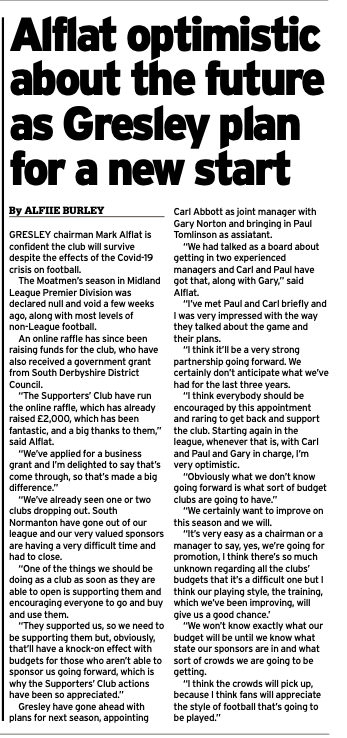 AlfieBurley's tweet photo. Great to see my article on Gresley Chairman, Mark Alflat, getting published in the Burton Mail on Friday! ✍️
.@GresleyFC .@UoDFootyJournos .@mark_alflat
#GresleyFC https://t.co/agzzSKgvWf