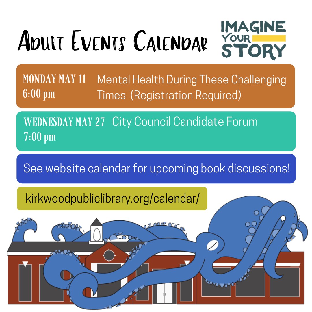 KirkwoodLib's tweet photo. The library may be closed, but KPL librarians are still working to bring you virtual programs! Check out our May Calendar of Events to see the Children, Teen and Adult virtual programs: https://t.co/MkimlPZuv7
#quarantinewithkpl #inkytheoctopus #athomewithkpl #stuckinside https://t.co/JvkqLMfJOn