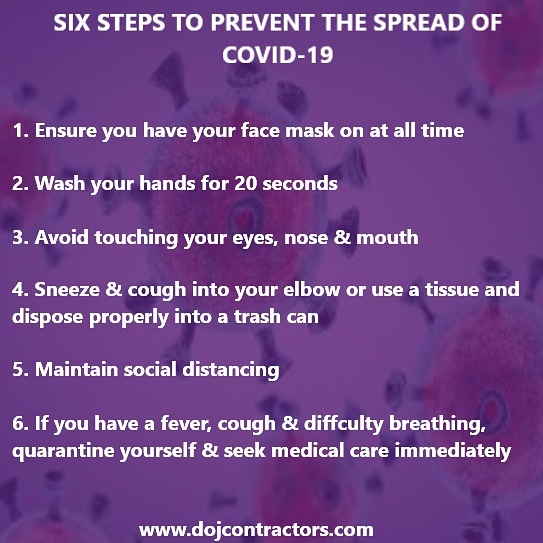 DojContractors's tweet photo. As we go to work tomorrow (Monday) DOJ CONTRACTORS reminds you of the precautionary measures to stay safe.
#dojcontractors #staysafe #facemasks #washyourhands #avoidtouching #avoidtouchinyournose #avoidingyourmouth #maintainsocialdistancing #safetyfirst #preventthespread https://t.co/yvAad2w8aT