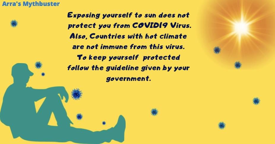 ArraFoundation's tweet photo. #2 Sunbathing dose not protect you from COVID19 virus. 
To protect yourself - 
Stay home. 
Keep a safe distance.
Wash hands often.
Cover your cough.
Sick ?Call the helpline. https://t.co/qQQeMaHghC
