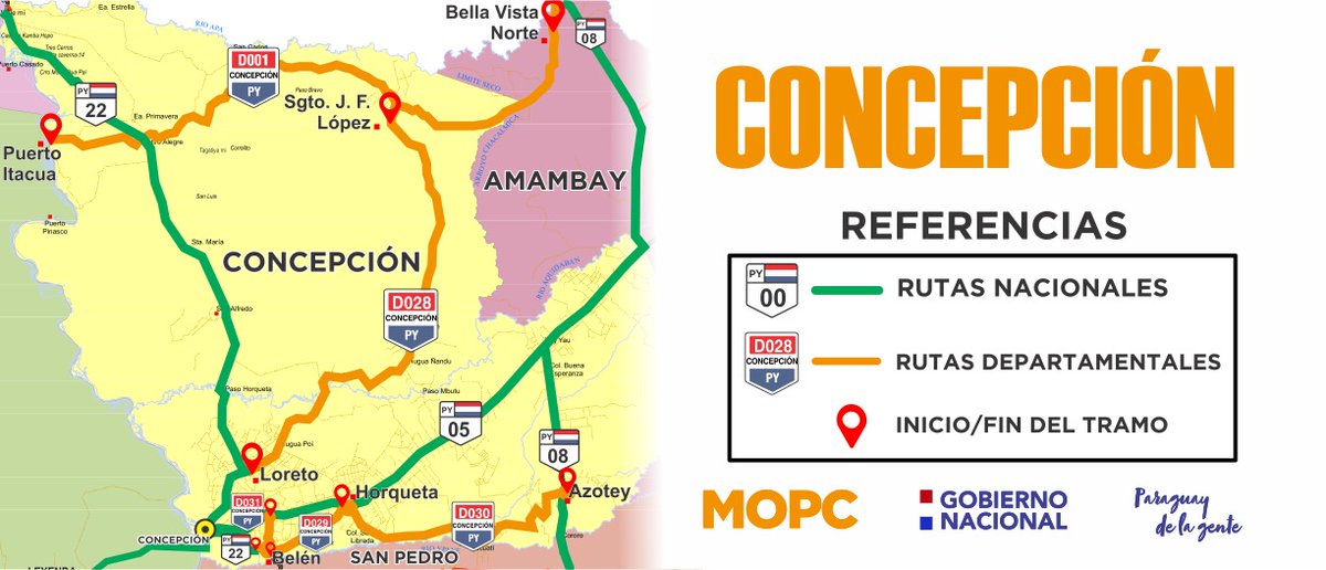 mopcparaguay's tweet photo. Conocé las rutas departamentales de #Concepción:
📍#D001 Bella Vista Norte (PY08)–Puerto Itacuá
📍#D028 Loreto (PY22)–Sgto. J. F. López (D001)
📍#D029 Horqueta (PY05)–Belén (PY22)
📍#D030 Azotey (PY08)–Horqueta (PY05)
📍#D031 Límite San Pedro (PY22)–Interseccion PY05 https://t.co/ZaNNflbZ8m