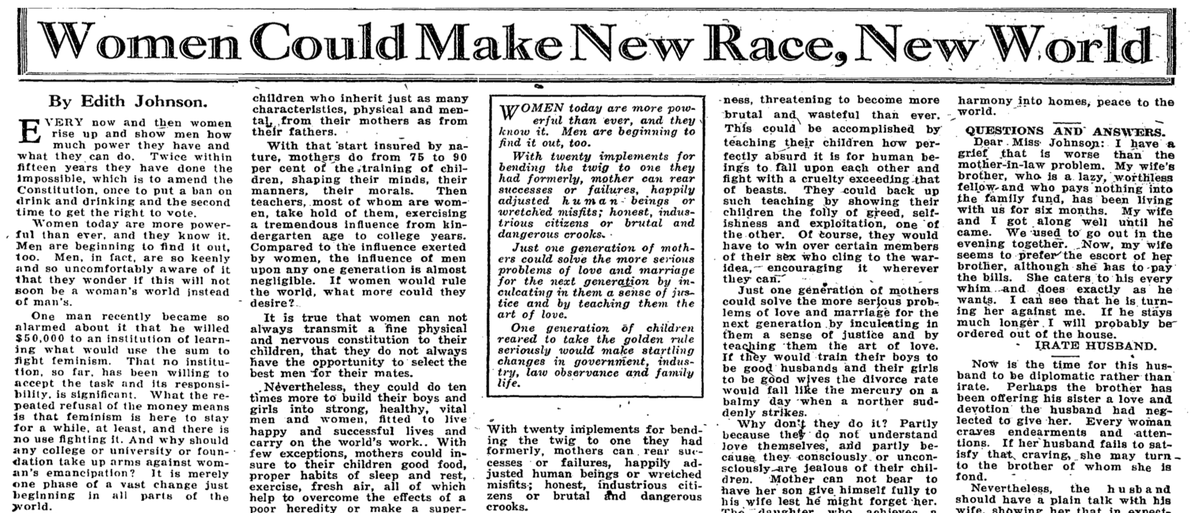 “Every now & then women rise up & show men how much power they have & what they can do. Twice within 15 years they have done the impossible, which is to amend the Constitution, once to put a ban on drink and drinking and the second time to get the right to vote.” (WaPo 5/3/1931)