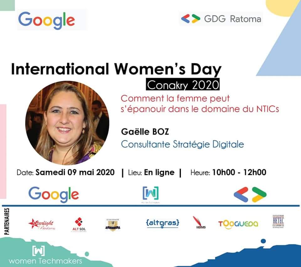 GaelleBoz's tweet photo. International Women's Day :
L epanouissement de la femme dans le digital  ?
Venez échanger avec moi sur le sujet !
.
⌛samedi prochain
⏰ A 10h00
🗺 En ligne.
.
Inscription  :
https://t.co/D2EIBbXpcj
#Altsol #guinee #transfonum #Conakry #GDGRatoma #IWD https://t.co/Sa9aR2BRJM