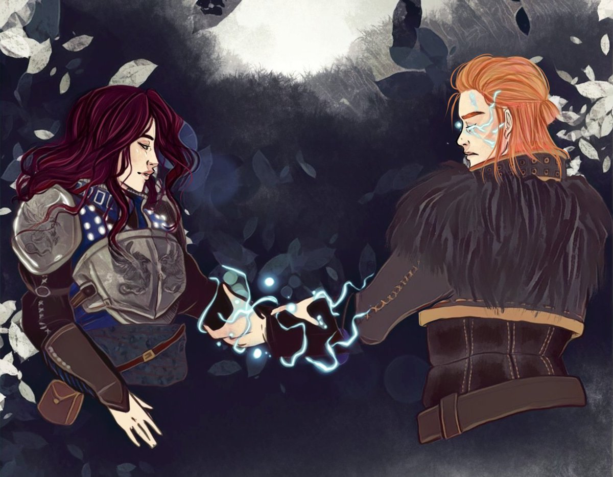My Cousland as queen of Ferelden, with Alistair, and the new version with Anders making the unbreakable vow (from Harry Potter), yeah it's dangerous but they look awesome  by  @Greylethallin