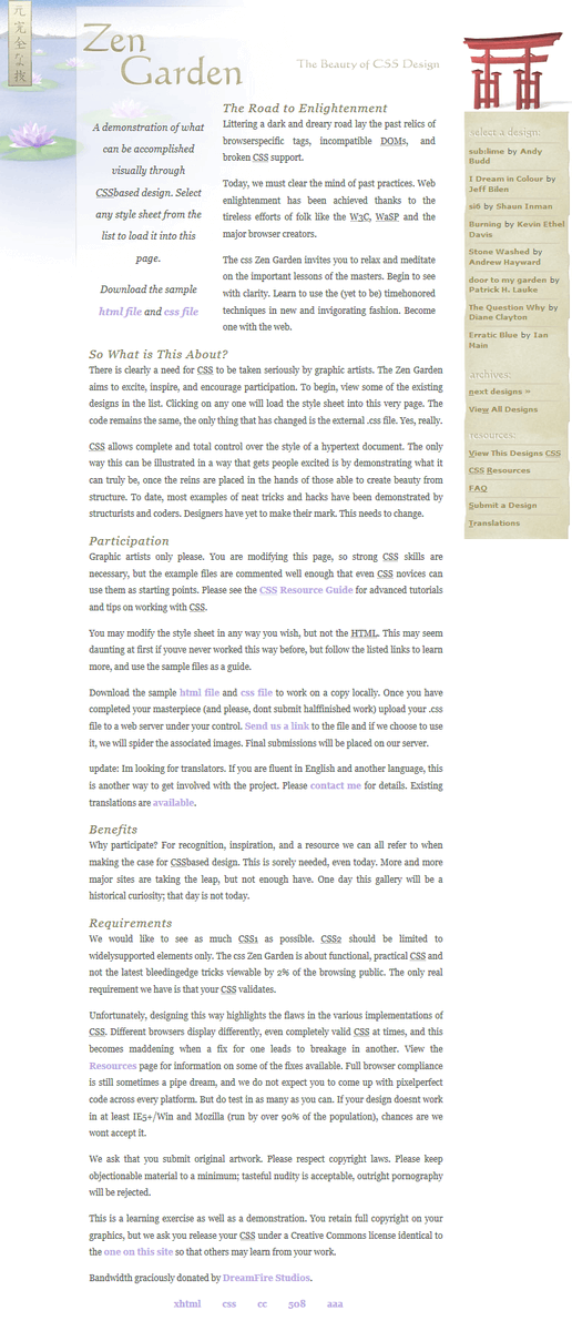 WebDesignMuseum's tweet photo. Happy 17th Birthday CSS Zen Garden! In May 2003 the Canadian web designer Dave Shea launched a community gallery of websites called CSS Zen Garden.
https://t.co/kfpoNpkEcs
#CSS #CSSZenGarden #InternetHistory https://t.co/XyDA9Tu6E3