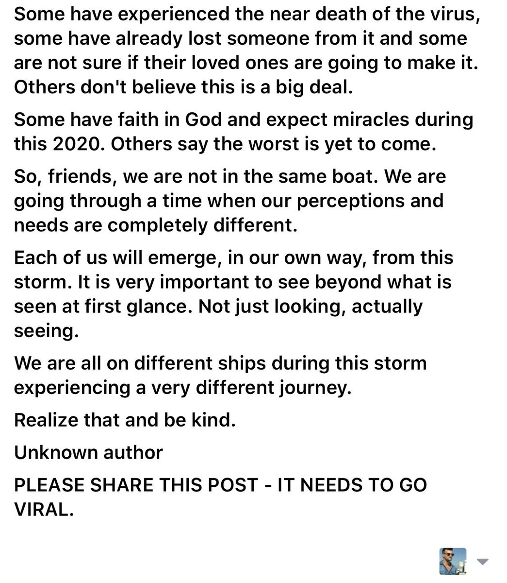 Perspective:
WE ARE NOT IN THE SAME BOAT...
I heard that we are all in the same boat, but it's not like that. We are in the same storm, but not in the same boat. Your ship could be shipwrecked and mine might not be. Or vice versa. Please RT! #mindfulness #COVID__19 #Mentalhealth