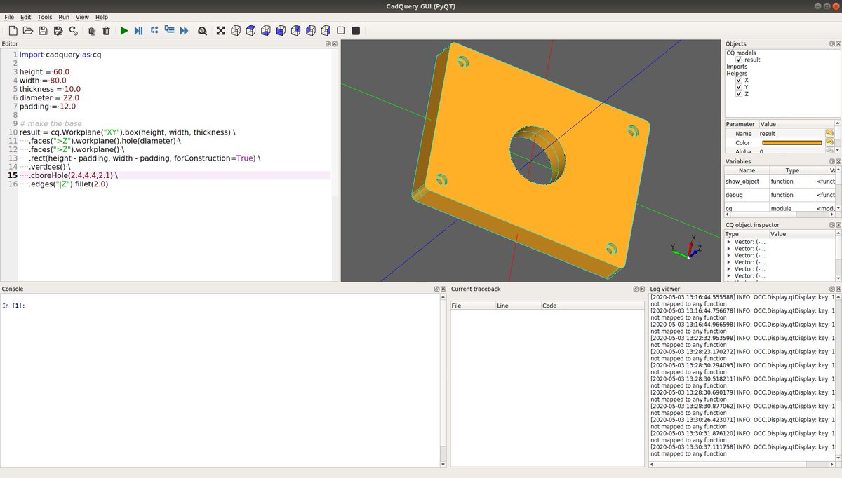 embedded_iot's tweet image. So #CADQuery seems really quite nice. Fillets and counter bore holes for starters. Already way ahead of #OpenSCAD