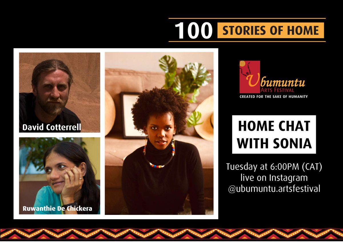 This week <a href="/S_Iraguha/">Sonia 🇷🇼</a> is talking to artist <a href="/davidcotterrell/">David Cotterrell</a> &amp; playwright Ruwanthie de Chickera about generational trauma and the power of collective creativity.

Live Tuesday at 6PM Kigali time (CAT) #100StoriesOfHome #Ubumuntu2020 #HomeChatsWithSonia #RWOT