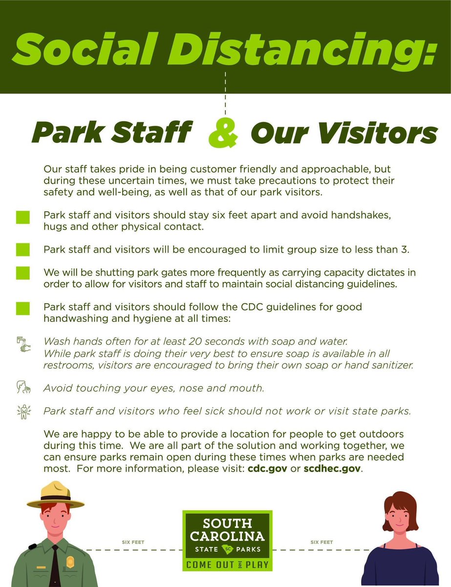 SC_State_Parks's tweet photo. Reminding all of our visitors to please follow social distancing guidelines during your visits.  We appreciate your cooperation and patience!  More info can be found in the travel alert at https://t.co/o17Z98bUMO. https://t.co/eq6Y8R1gXh