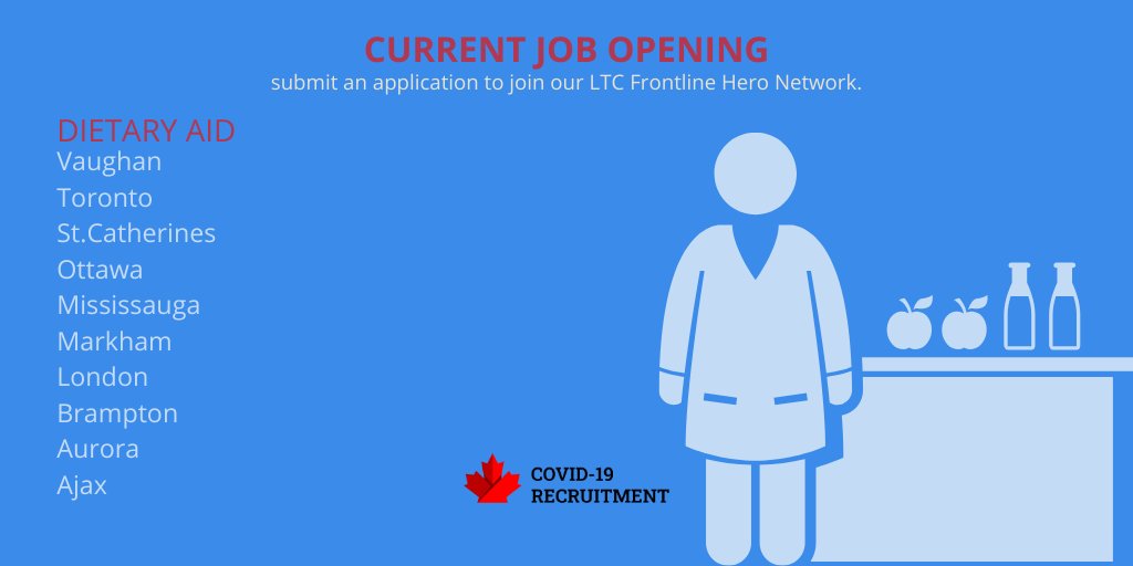 Visit our website and submit an application to join our LTC Frontline Hero Network as a Dietary Aid! covid19recruitment.ca #letsfighttogether #COVID19