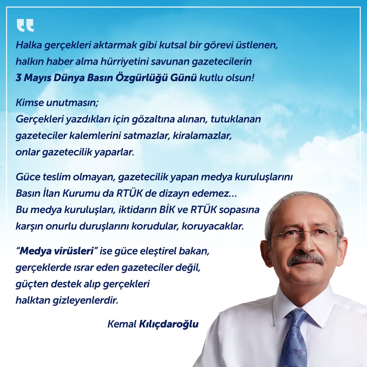 Halka gerçekleri aktarmak gibi kutsal bir görevi üstlenen, halkın haber alma hürriyetini savunan gazetecilerin #3MayısDünyaBasınÖzgürlüğüGünü kutlu olsun!