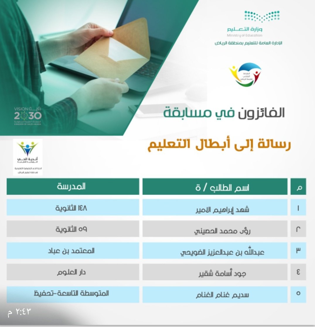 MOE_RYH's tweet photo. خلال حفل افتراضي و مشاركة أكثر من 15ألف طالب وطالبة...
#تعليم_الرياض يعلن أسماء الفائزين بمسابقات النشاط ا��طلابي.
https://t.co/QQX1uBzSme
#نتائج_مسابقات_نشاط_تعليم_الرياض https://t.co/g1QQSaSOzI