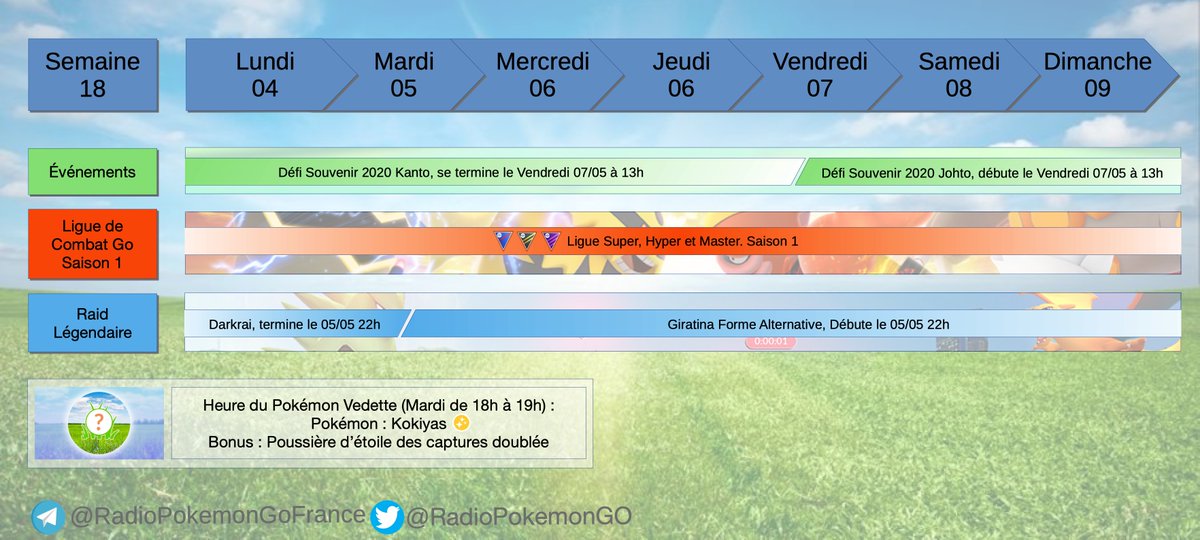 RadioPokemonGo's tweet photo. Infographie du programme de la semaine à venir.
#Semaine18 #PokemonGO https://t.co/dxsAWBi2zf