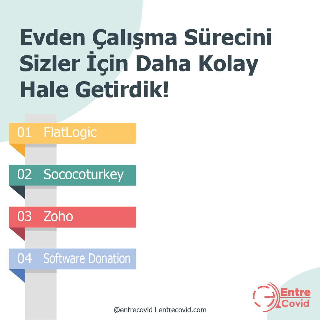 EntreCovid ekibi olarak evden çalışma sürecini sizler için daha kolay hale getirdik! 😎 #evdekal

1-<a href="/flatlogic/">Flatlogic</a> 
 entrecovid.com/evdekal/hepsi/…

2-Sococoturkey  entrecovid.com/evdekal/genelk…

3- @zoho 
entrecovid.com/evdekal/hepsi/…

4-Software Donation entrecovid.com/evdekal/hepsi/…
