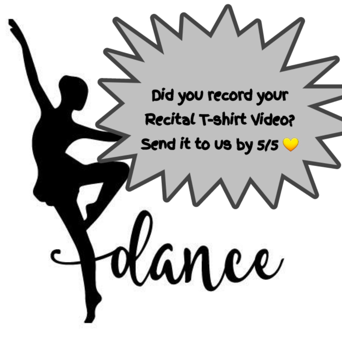 SBS_DanceStudio's tweet photo. Did you record your Recital T-shirt video yet? Make sure to send it to Hello@StepByStepDanceStudio.com by 5/5!

💛🖤💛

#sbsfamily #APPsolutelySBS https://t.co/v0XnWZmEqx