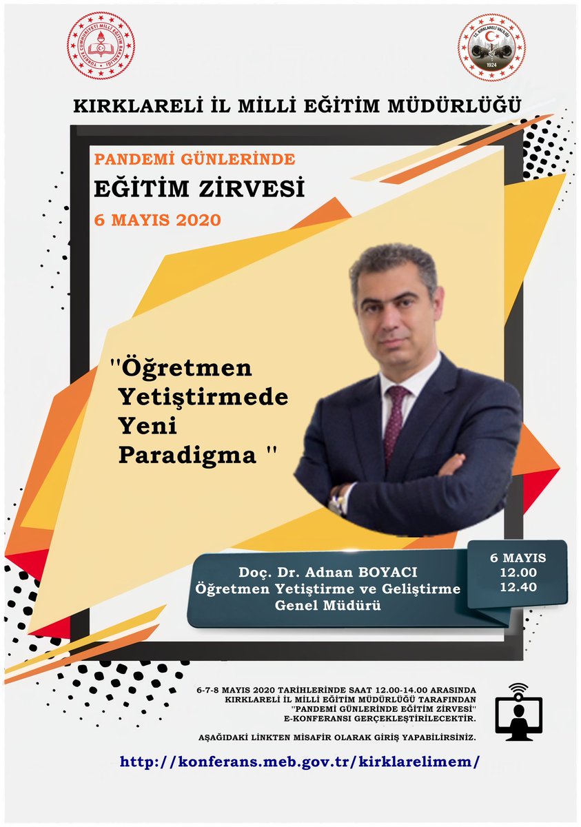Pandemi Günlerinde Eğitim Zirvemizi 6 Mayısta Öğretmen Yetiştirme ve Geliştirme Genel Müdürü Sayın Doç. Dr. Adnan BOYACI ile başlatıyoruz.
<a href="/tcmeb/">Millî Eğitim Bakanlığı</a> <a href="/ziyaselcuk/">Ziya Selçuk</a> <a href="/safran1958/">Mustafa SAFRAN</a>  <a href="/adnanboyaci/">Adnan BOYACI</a> @hmzaydg