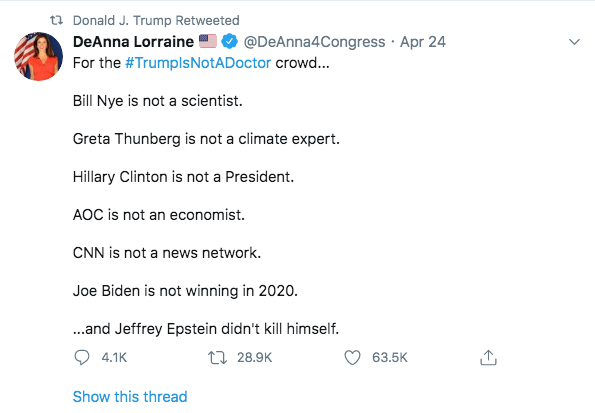 This morning, Trump quote tweeted a QAnon account, along with retweeting QAnon supporter & former congressional candidate DeAnna Lorraine Tesoriero yet again (this is the 5th time he has amplified her).