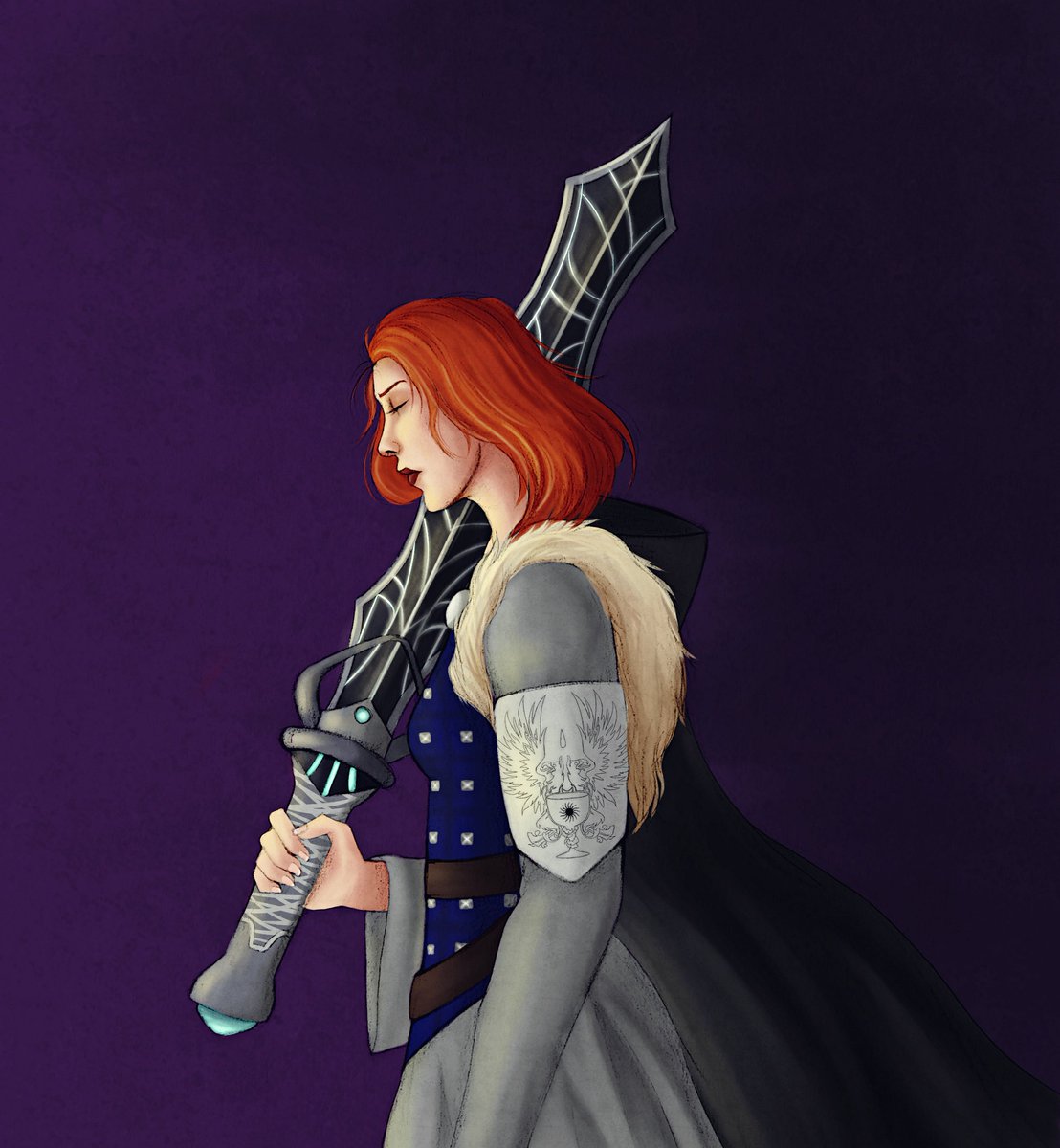 A beautiful piece of my Cousland by  @quietlysketchin, she created this dress for her inspired in the Grey Warden armor, and she drew Starfang, the sword that she was using, she took care of every detail and made her look awesome 