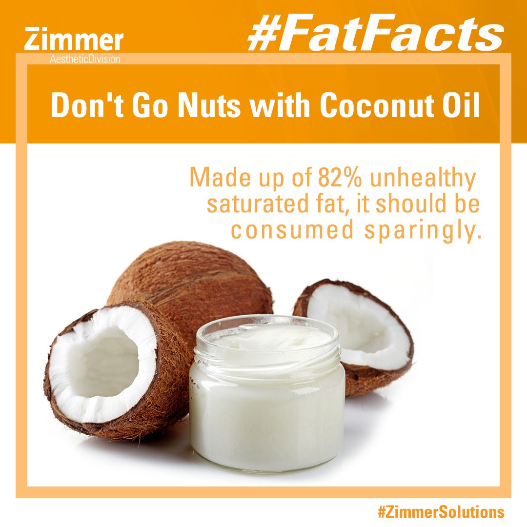 Zimmer_USA's tweet photo. Don't go nuts w/ #CoconutOil b/c it may not be all it's “cracked up” to be. It’s marketed as a "healthy" oil benefiting #weightloss & #Alzheimers. But it's 82% unhealthy #saturatedfat. #AHA said there's no evidence of specific health benefits. Consume sparingly #FatFacts #FatFact https://t.co/MlcBeaULnq