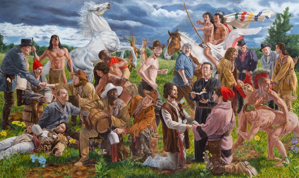 Paintings by First Nations Cree artist Kent Monkman, 2000s-10s, known for his work exploring colonization, violence, and sexuality, often re-conceptualizing Western religious and history painting with indigenous figures