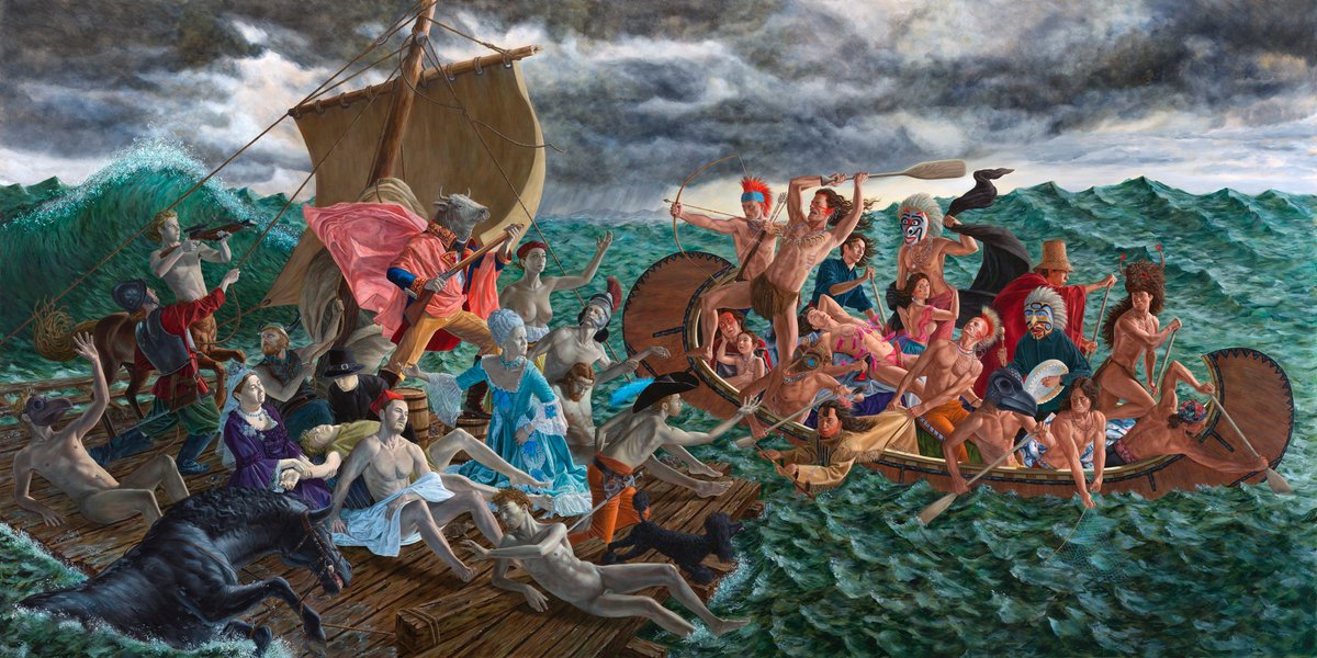 Paintings by First Nations Cree artist Kent Monkman, 2000s-10s, known for his work exploring colonization, violence, and sexuality, often re-conceptualizing Western religious and history painting with indigenous figures