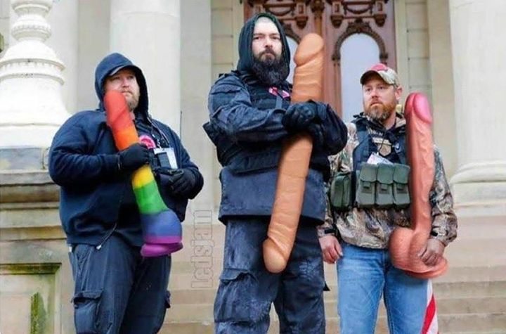 jdpoc's tweet image. People are photoshopping dildos over guns in photos of American Right Wing 'Reopen' Protesters, and it's awesome.