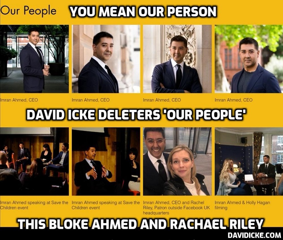 davidicke's tweet photo. CCDH David Icke censors 'Our People' section features 1 bloke (@imi_ahmed) &amp; Rachael Riley and they have had David's YouTube channel deleted with nearly a MILLION subscribers worldwide. This doesn't even begin to pass the smell test - who will investigate? https://t.co/z7u9o2eIZJ https://t.co/VqKiVrptol
