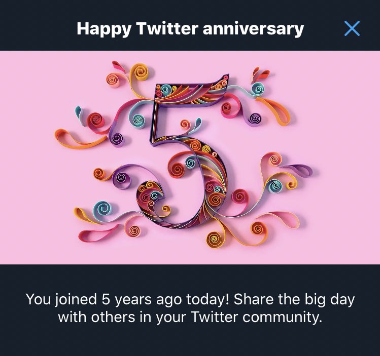 Happy Twitter anniversary. You joined 5 years ago today!