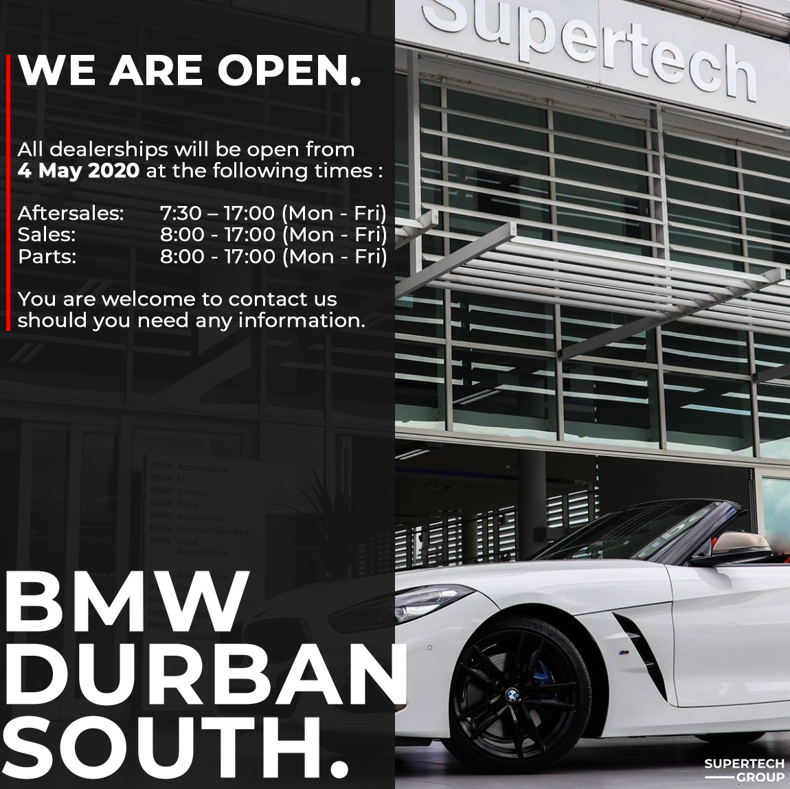 Supertech_Group's tweet photo. #BMWDurbanSouth is Open from tomorrow, feel free to contact us should you need any assistance. 

Tel : 031 465 1981
Email: jasmin.suraj@@supertechgroup.co.za https://t.co/WGbW0tpjtL