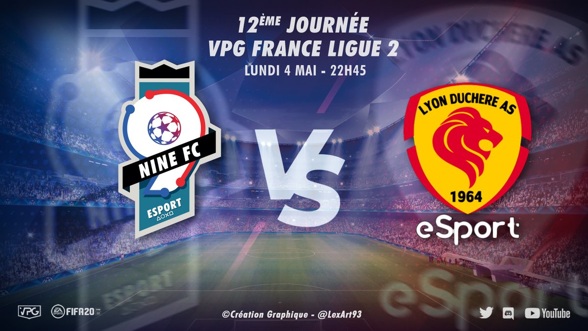 📝Programme : 12ème journée de Championnat en <a href="/VPGFrance/">VPG France</a> L2 :

📅Lundi 4 mai - 22h45 
9INE FC 🆚 @LDASeSport

#VPGFrance #VPG #gaming #eSports #clubpro #FIFA2020 #PS4 
©création Graphique : @LexArt93