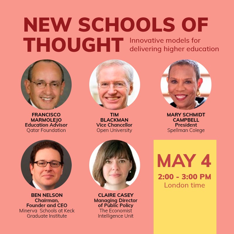 Is #highered ready for change?On Monday May 4th, we will discuss different models for delivery of #HigherEducation in the post #COVID19 era. A virtual panel co-hosted by <a href="/TheEIU/">Economist Intelligence: EIU</a> &amp; <a href="/QF/">Qatar Foundation</a>. Register at pages.eiu.com/WebinarinviteQ…
@TimJBlackman <a href="/clairemcasey/">Claire Casey</a> <a href="/SpelmanCollege/">Spelman College</a> <a href="/MinervaSchools/">Minerva</a>