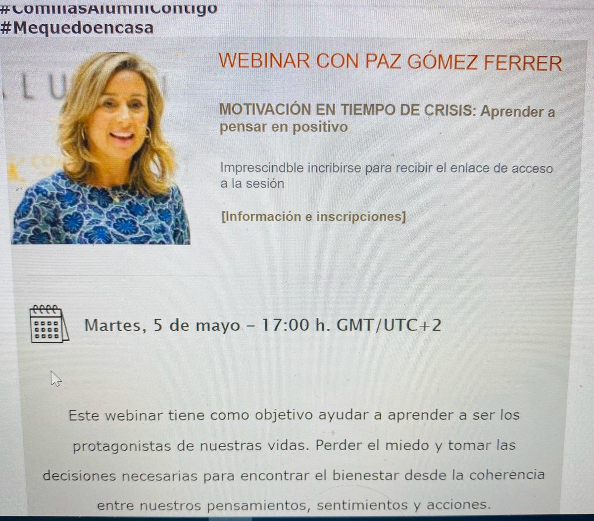 Un placer volver a participar en #ComillasAlumniContigo el próximo martes 5 a las 17h donde hablaremos de Motivación en Tiempo de Crisis 
#YoMeQuedoEnCasa